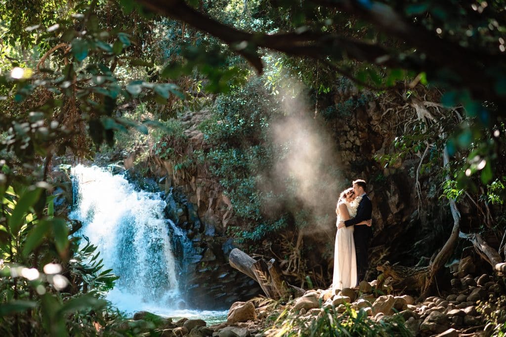 Maui waterfall elopement_0011 - Ann Arbor Wedding Photographer Cheryl and Lincoln standing in a sunlight beam and hugging surrounded by trees and the waterfall behind them