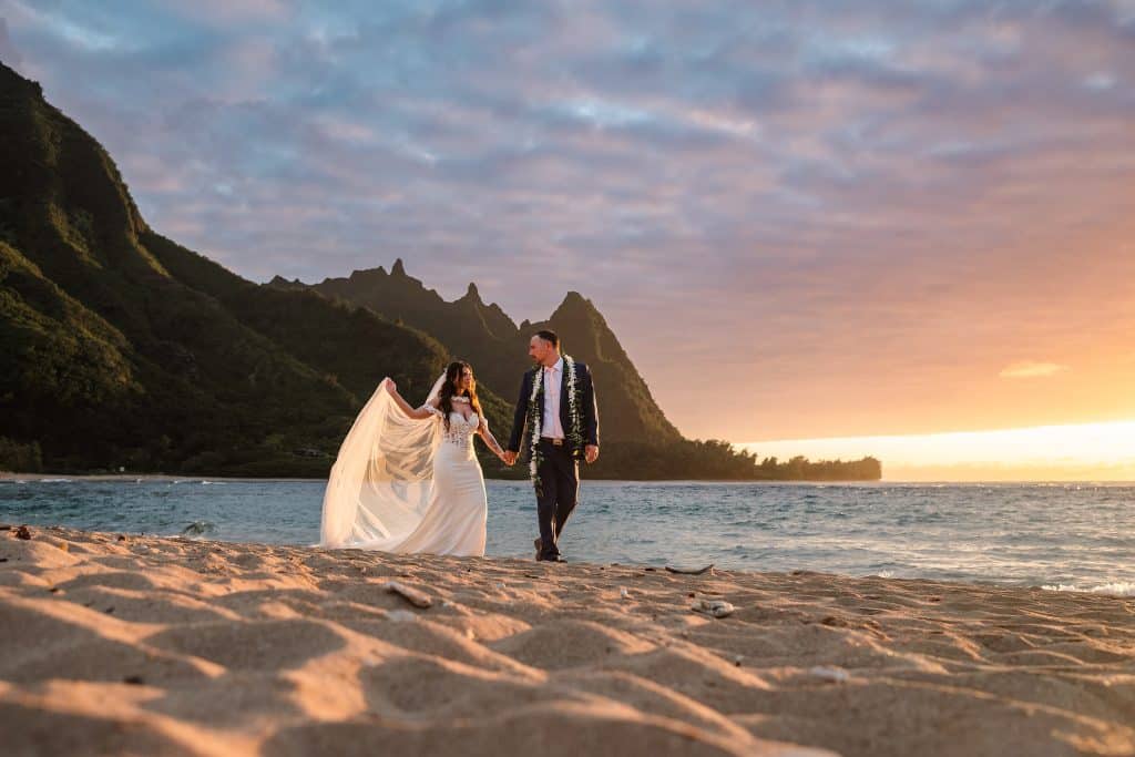 Kauai-Waterfall-Elopement-_0036 - Ann Arbor Wedding Photographer Angela Nelson Photography Couple on Kauai beach at sunset